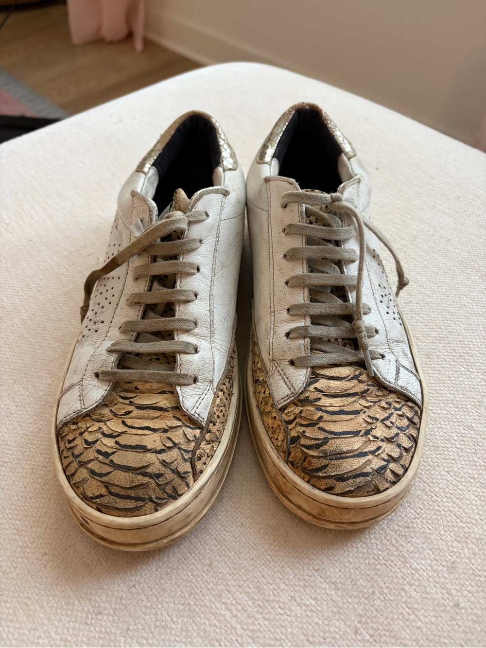 P448 Women's White Sneakers with Metallic Gold Scales
